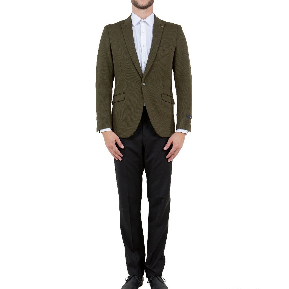 Solid Olive Knit Peak Lapel Skinny Fit Men's Jacket